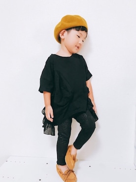 「デザイントップス」｜「アイテム（ハンチング/ベレー帽）」を使った、P×Kさん（キッズ・90cm）の秋コーディネート
