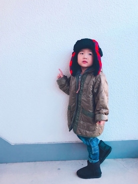 「DENIM DUNGAREE（デニムダンガリー）のアイテム（その他アウター）」を使った、P×Kさん（キッズ・90cm）の冬コーディネート