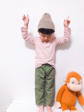 「くすみピンク」｜「アイテム（ニットキャップ/ビーニー）」を使った、P×Kさん（キッズ・90cm）の春コーディネート