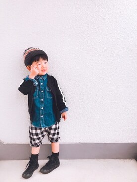 「devirock（デビロック）のアイテム（ジャージ）」を使った、P×Kさん（キッズ・90cm）の春コーディネート