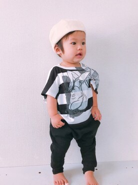「スウエットパンツ」｜「アイテム（ハンチング/ベレー帽）」を使った、P×Kさん（キッズ・70cm）の秋コーディネート