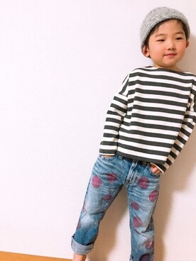 「柄×柄」｜「アイテム（ニットキャップ/ビーニー）」を使った、P×Kさん（キッズ・100cm）の冬コーディネート