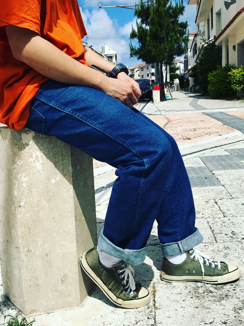 「CONVERS、Vintage converse、ct70、vintage、90’s、コンバース、MA-1、古着」｜「CONVERSEのアイテム（スニーカー、グリーン系）」を使った、coney11さん（メンズ・170cm）の夏コーディネートの1枚目の写真