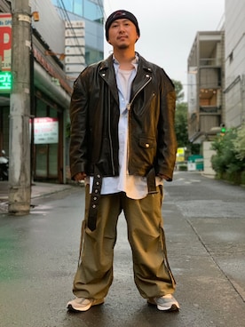 「WHITELAND（ホワイトランド）のアイテム（ライダースジャケット）」を使った、LHP福岡店 staffさん（メンズ・165cm）の秋コーディネート