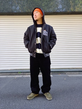「BlackEyePatch（ブラックアイパッチ）のアイテム（スタジャン）」を使った、LHP福岡店 staffさん（メンズ・165cm）の秋コーディネート