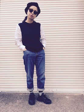 「ブラック×ホワイト」｜「アイテム（ハンチング/ベレー帽）」を使った、senaさん（レディース・150cm）の春コーディネート