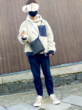 「アイテム（その他アウター、ホワイト系）」を使った、yuyaさん（メンズ・167cm）の冬コーディネート