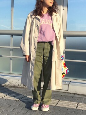 「アイテム（ステンカラーコート、ホワイト系）」を使った、akarinsさん（レディース・159cm）の春コーディネート