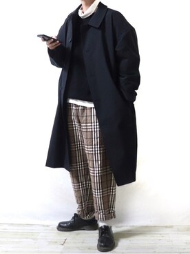 「ロールアップ」｜「アイテム（ステンカラーコート）」を使った、Ryoooさん（メンズ・178cm）の冬コーディネート