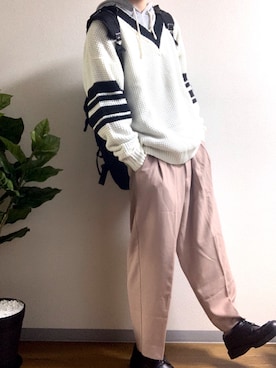 「８(eight)（エイト）のチルデン ニットセーター Vネック 温かみのある（ニット/セーター、ホワイト系）」を使った、かっつーさん（メンズ・170cm）の秋コーディネート