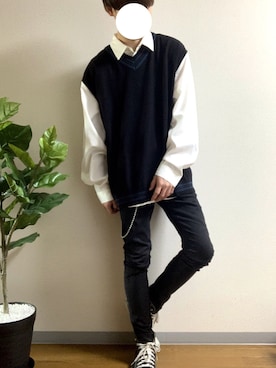 「GU（ジーユー）のアイテム（ベスト、ブラック系）」を使った、かっつーさん（メンズ・170cm）の秋コーディネート