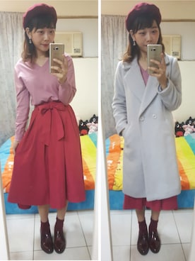 「赤コーデ」｜「アイテム（ピーコート）」を使った、33さん（レディース・161cm）の春コーディネート