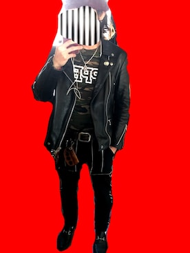 「アイテム（ライダースジャケット）」を使った、honaさん（メンズ・175cm・20代）の秋コーディネート