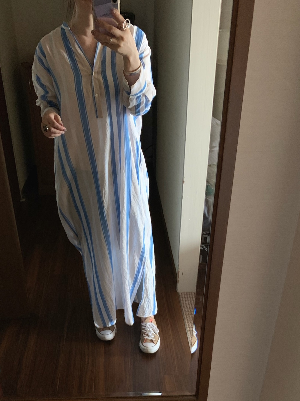 「ヌキテパ、ワンピース、ストライプワンピース、バカンス、シンプルコーデ、おしゃれさんと繋がりたい、カジュアルコーデ、アラフォー」｜「NE QUITTEZ PAS!の【ne Quittez pas】VOILE STRIPE DRESS(ワンピース)（ワンピース、ブルー系）」を使った、keicoさん（レディース・156cm）の夏コーディネートの1枚目の写真