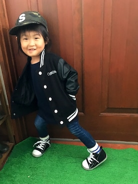 「kids」｜「アイテム（スタジャン）」を使った、ロッピさん（キッズ・80cm）の春コーディネート