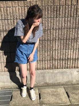 「LOWRYS FARM（ローリーズファーム）のアイテム（シャツ/ブラウス、ブルー系）」を使った、𝚊 𝚔 𝚊 𝚗 𝚎さん（レディース・158cm）の夏コーディネート