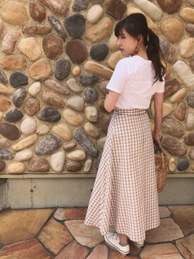 「GU（ジーユー）のアイテム（スカート、ベージュ系）」を使った、𝚊 𝚔 𝚊 𝚗 𝚎さん（レディース・158cm）の夏コーディネート