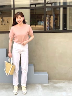 「UNIQLO（ユニクロ）のハイライズスリムフィットジーンズ＋E（デニムパンツ、ホワイト系）」を使った、𝚊 𝚔 𝚊 𝚗 𝚎さん（レディース・158cm）の夏コーディネート