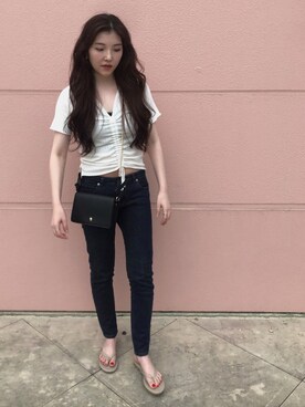 「ZARA（ザラ）のアイテム（ショルダーバッグ、ブラック系）」を使った、𝚊 𝚔 𝚊 𝚗 𝚎さん（レディース・158cm）の夏コーディネート