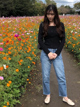 「UNIQLO（ユニクロ）のスリムボーイフレンドフィットアンクルジーンズ（カットオフ）（デニムパンツ、ブルー系）」を使った、𝚊 𝚔 𝚊 𝚗 𝚎さん（レディース・158cm）の秋コーディネート