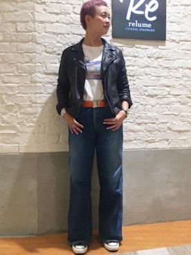 「JOURNAL STANDARD relume（ジャーナルスタンダード　レリューム）のアイテム（ライダースジャケット）」を使った、relume 博多店 スタッフAさん（レディース・163cm）の秋コーディネート