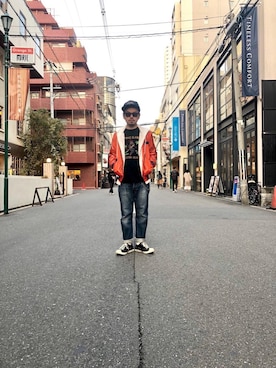 「HYSTERIC GLAMOUR（ヒステリックグラマー）のHYS WHISKY柄 刺繍キャップ（キャップ）」を使った、Hさん（メンズ・166cm）の春コーディネート