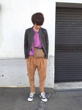 「Lui's（ルイス）のアイテム（ライダースジャケット）」を使った、たっちゃんさん（メンズ・176cm）の春コーディネート