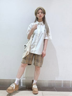 「ビッグシャツ」｜「アイテム（ハンチング/ベレー帽）」を使った、WEGOさん（レディース・158cm）の夏コーディネート
