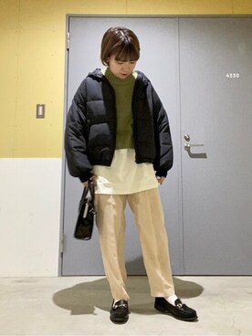 「センタープレスパンツ」｜「アイテム（ダウンジャケット/コート）」を使った、WEGOさん（レディース・158cm）の秋コーディネート