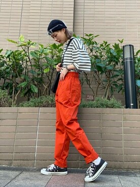 「アイテム（チノパンツ、オレンジ系）」を使った、WEGOさん（レディース・157cm）の夏コーディネート