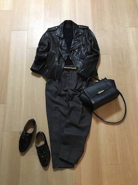 「Deuxieme Classe（ドゥーズィエムクラス）のアイテム（ライダースジャケット）」を使った、mirukuさん（レディース・157cm）の冬コーディネート