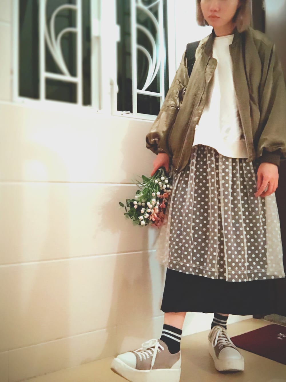 「休日スタイル、オトナ女子、COMME des GARCONS、dress、Tokyo bopper、MILKFED.、backpack、lookbook、nano・universe」｜「LOWRYS FARMのMVSスウェットハイネックプルオーバーロングスリーブ　716109（スウェット、ホワイト系）」を使った、elppaKさん（レディース・161cm）の春コーディネートの1枚目の写真