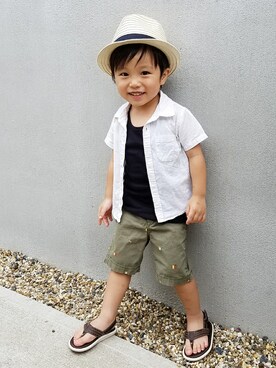 「麦わら帽子」｜「アイテム（ニットキャップ/ビーニー）」を使った、アキラさん（キッズ・90cm）の夏コーディネート