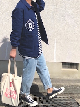 「ブルーコーデ」｜「アイテム（カバーオール）」を使った、びっとさん（メンズ・170cm）の春コーディネート
