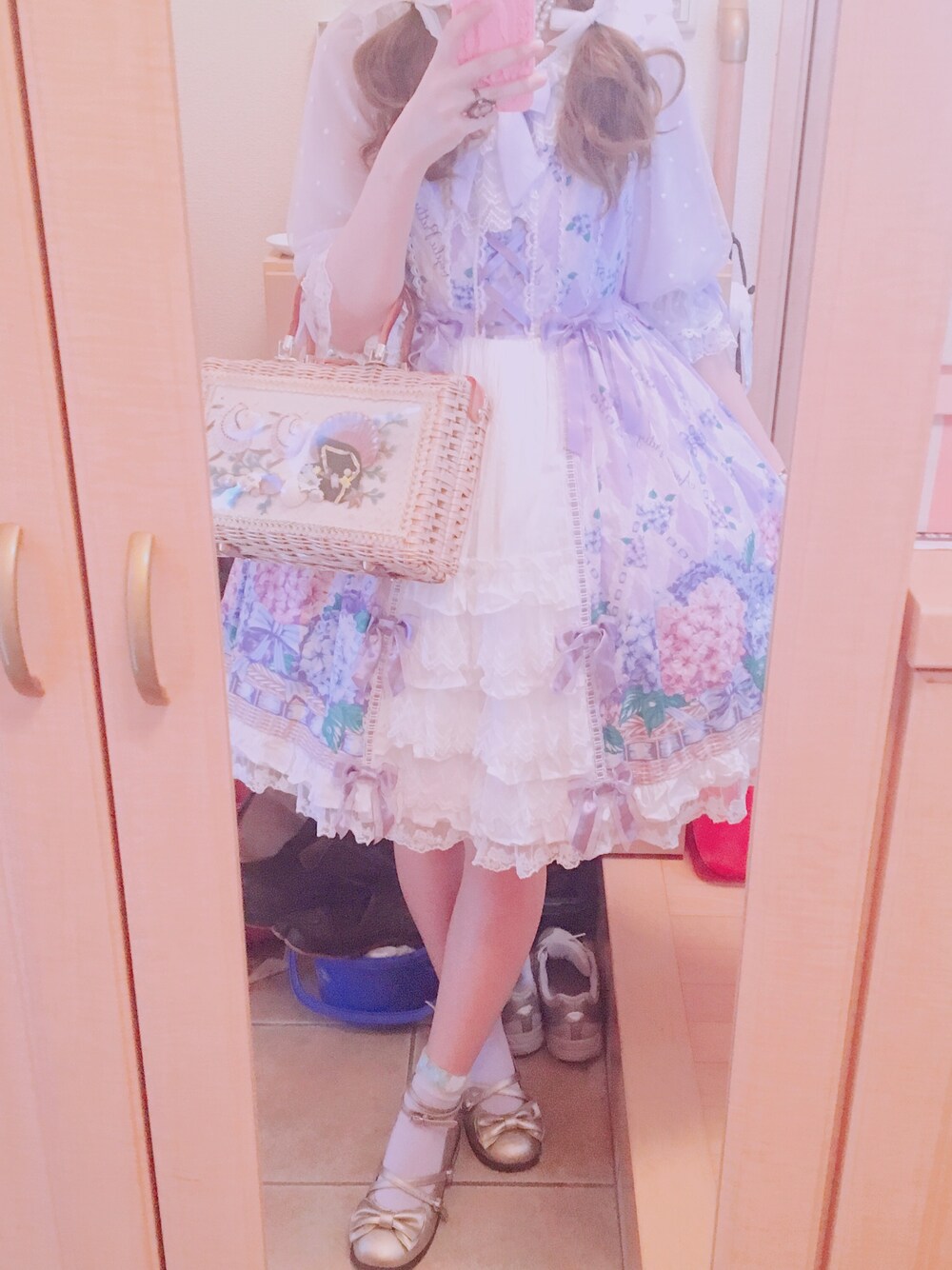 「夏コーデ、紫陽花、angelicpretty、かごバッグ、カンカン帽」｜「Angelic Prettyのアイテム（ワンピース、パープル系）」を使った、Rinoさん（レディース・164cm）の夏コーディネートの1枚目の写真
