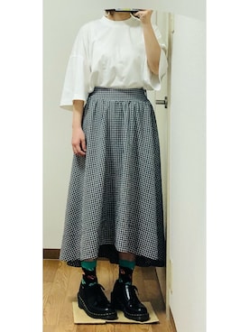 「MERLOT（メルロー）のドビーチェックウエストリボンスカート1401（スカート、ブラック系）」を使った、あやＰさん（レディース）の春コーディネート