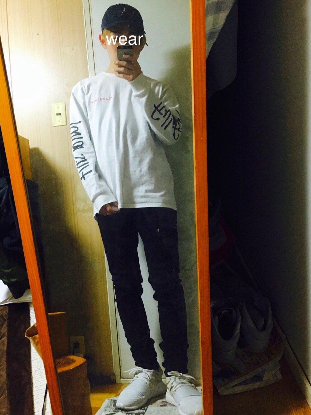 「デニムパンツ、黒スキニー、ルクア、キャップ、カスタム、ビッグシルエット、ロンT、MONKEY TIME、adidas originals、flagstuff」｜「KaneZのアイテム（キャップ、ブルー系）」を使った、りゅう。さん（メンズ・163cm）の春コーディネートの1枚目の写真
