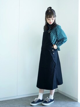 「earth music&ecology（アースミュージックアンドエコロジー）のアイテム（サロペット/オーバーオール、ブラック系）」を使った、˚࿀̊˚さん（レディース・158cm）の秋コーディネート