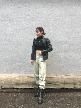 「H&M（エイチ・アンド・エム）のアイテム（ライダースジャケット）」を使った、natsuyoshiさん（レディース・152cm）の冬コーディネート