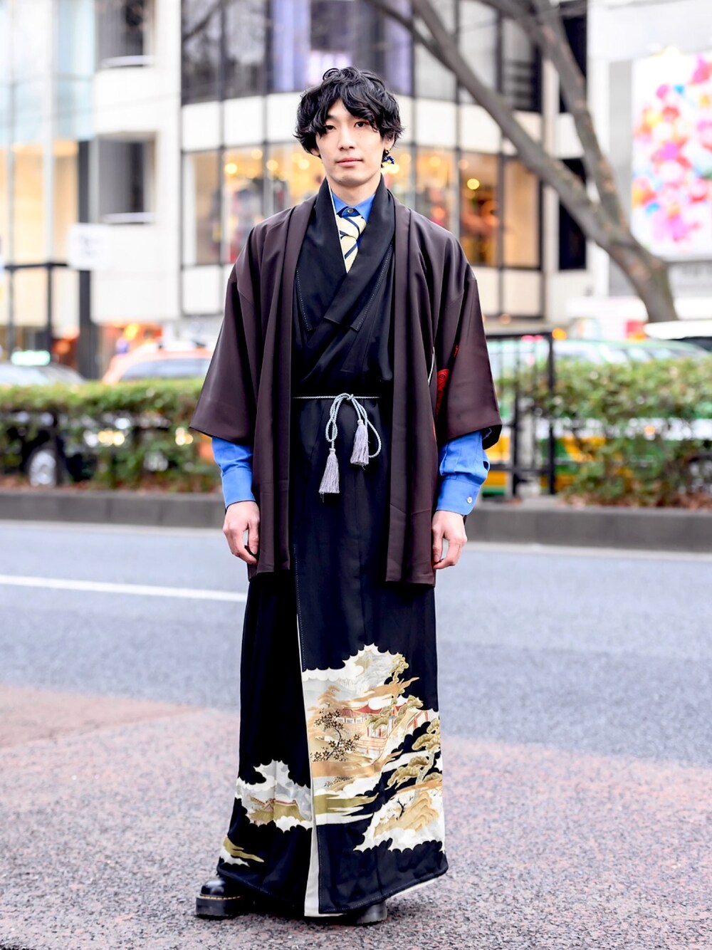 「お洒落さんとつながりたい、ドクターマーチン、Dr.Martens、着物、和装、シャツ、原宿、tokyofashion」｜「Dr. MartensのDr.Martens/ドクターマーチン/QUAD RETRO 8053 5 タイ シューズ（ブーツ、ブラック系）」を使った、人間国宝さん（メンズ・177cm）の冬コーディネートの1枚目の写真