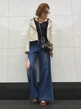 「ENVYM（アンビー）のアイテム（ライダースジャケット）」を使った、REINAさん（レディース・158cm）の夏コーディネート