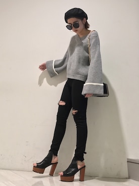「ラインニット」｜「アイテム（ハンチング/ベレー帽）」を使った、REINAさん（レディース・158cm）の秋コーディネート