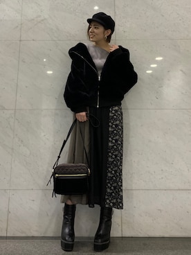 「ファーコート」｜「アイテム（キャスケット）」を使った、REINAさん（レディース・158cm）の冬コーディネート
