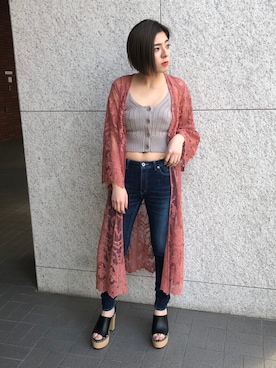 「ニットキャミソール」｜「アイテム（その他アウター）」を使った、REINAさん（レディース・158cm）の春コーディネート