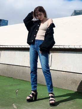「テーパードデニム」｜「アイテム（その他アウター）」を使った、REINAさん（レディース・158cm）の春コーディネート
