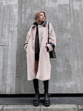 「ENVYM（アンビー）のＬＡＣＥ ＵＰロングブーツ（ブーツ）」を使った、REINAさん（レディース・158cm）の冬コーディネート