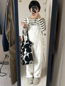 「PAR ICI（パーリッシィ）の【WEB別注カラー】デニムカツラギ オーバーオール（サロペット/オーバーオール）」を使った、沙菜さん（レディース・154cm）の春コーディネート