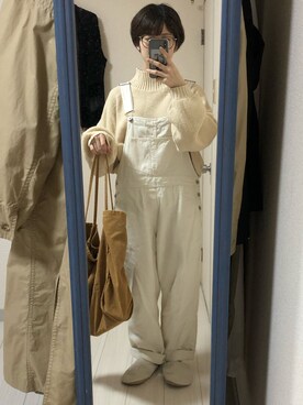 「PAR ICI（パーリッシィ）の【WEB別注カラー】デニムカツラギ オーバーオール（サロペット/オーバーオール）」を使った、沙菜さん（レディース・154cm）の秋コーディネート