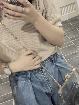 「UNIQLO（ユニクロ）のワッフルクルーネックT（5分袖）（Tシャツ/カットソー）」を使った、akoさん（レディース・152cm）の夏コーディネート