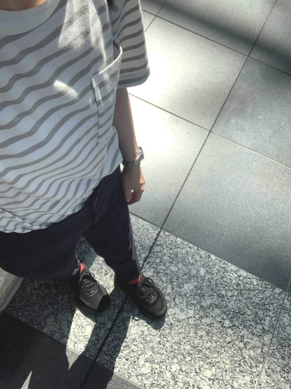 「ORCIVALの【ORCIVAL】ボーダーポケットTシャツ MEN（Tシャツ/カットソー、グレー系）」を使った、熊猫。さん（レディース・157cm）の秋コーディネートの1枚目の写真